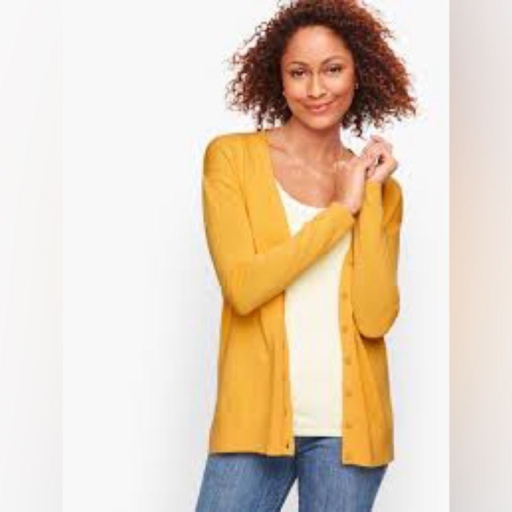 NWOT Talbots mustard yellow cotton rayon Modern Girlfriend Cardigan, 2X petite.